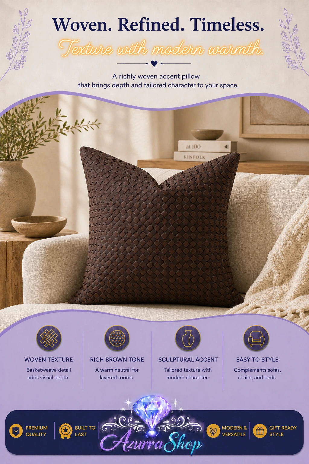 Brown woven accent pillow displayed on a beige sofa in a cozy living room setting