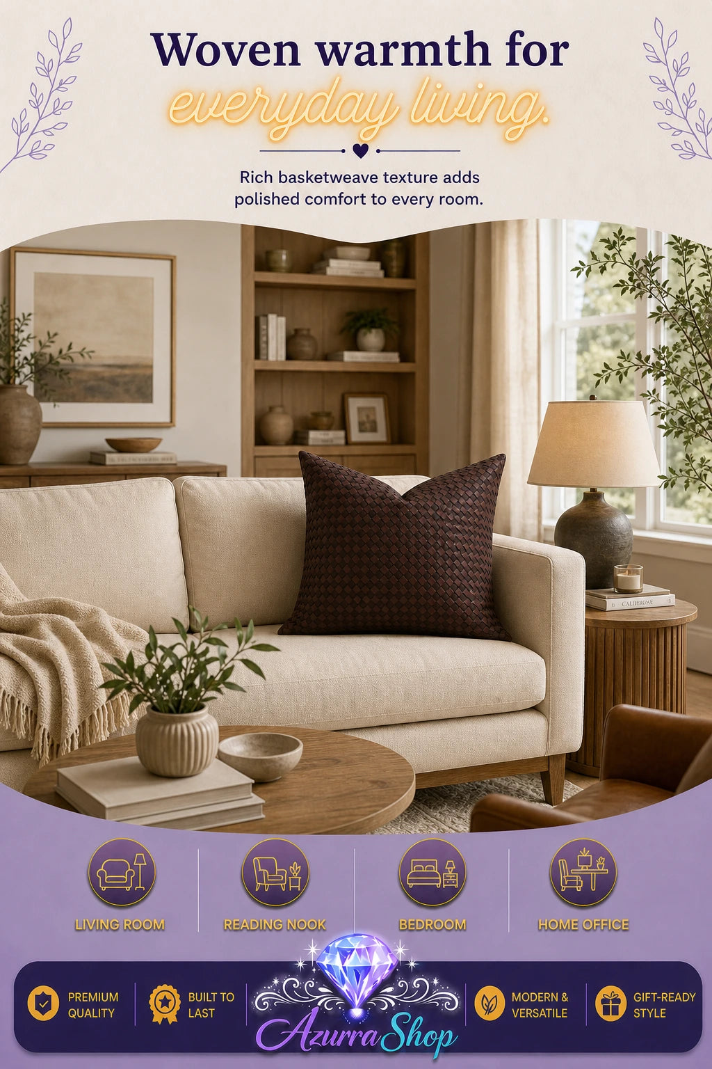 Dark brown textured throw pillow on a beige sofa in a cozy living room setting