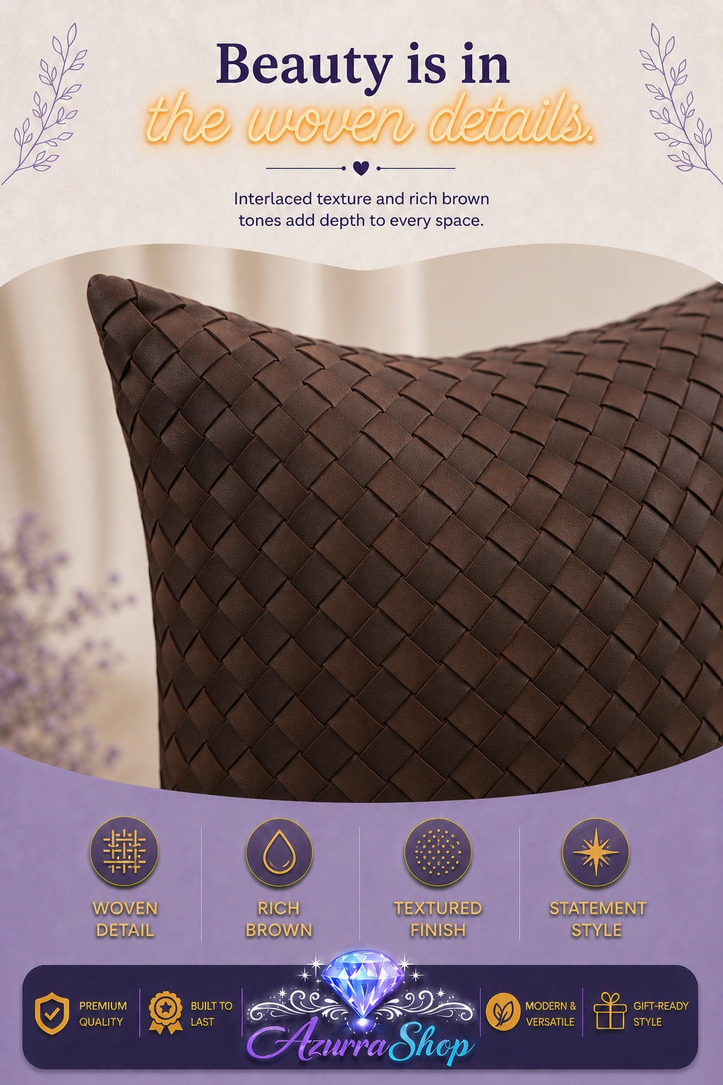 Close-up of a dark brown woven throw pillow showing its interlaced basketweave texture