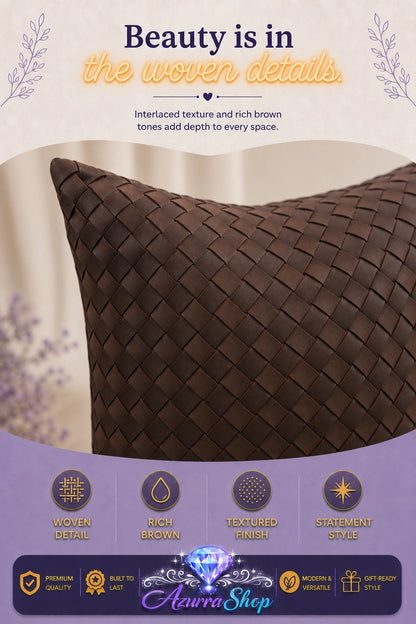 Close-up of a dark brown woven throw pillow showing its interlaced basketweave texture