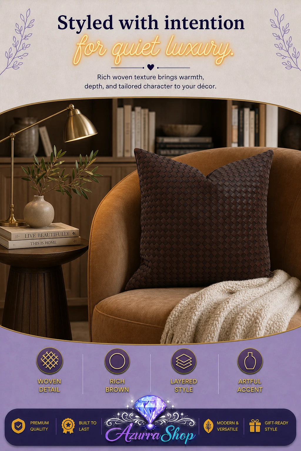 Dark brown textured throw pillow on a brown armchair with a cream knit blanket in a cozy living room