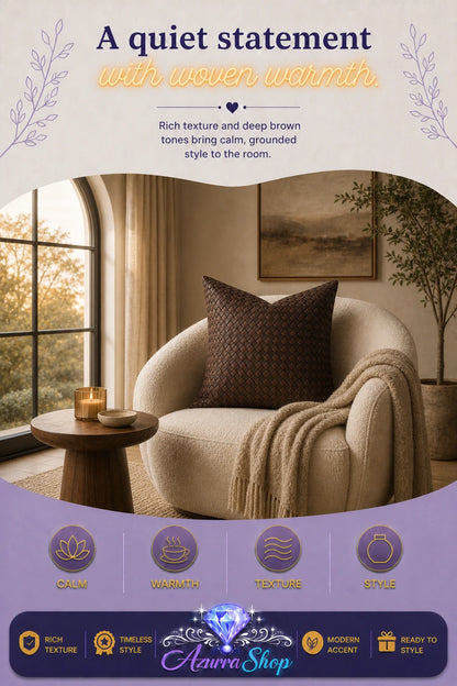 Dark brown textured throw pillow on a beige armchair with a beige throw blanket in a warm, sunlit room