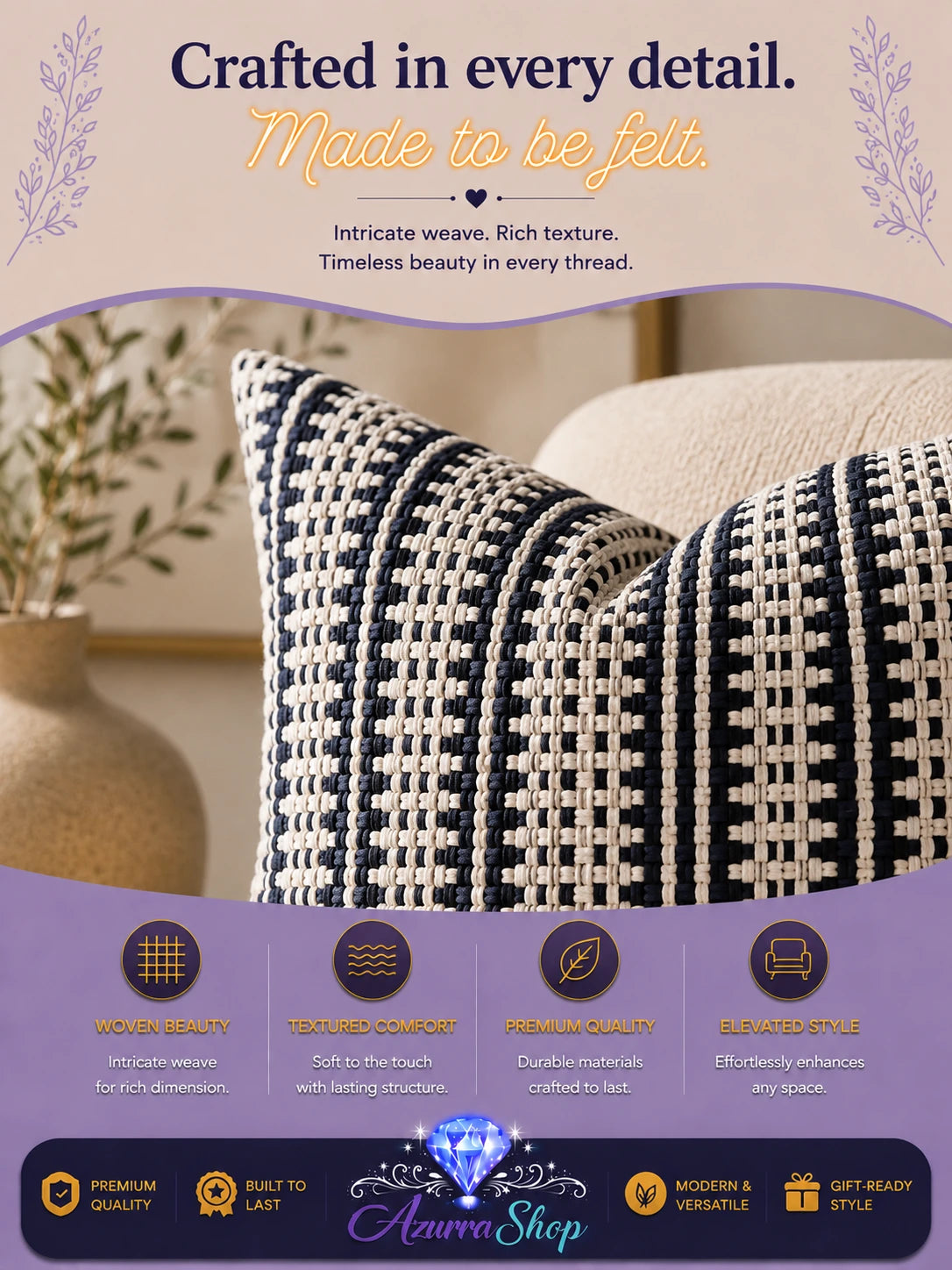 Close-up of the black and ivory striped basketweave fabric texture on the throw pillow