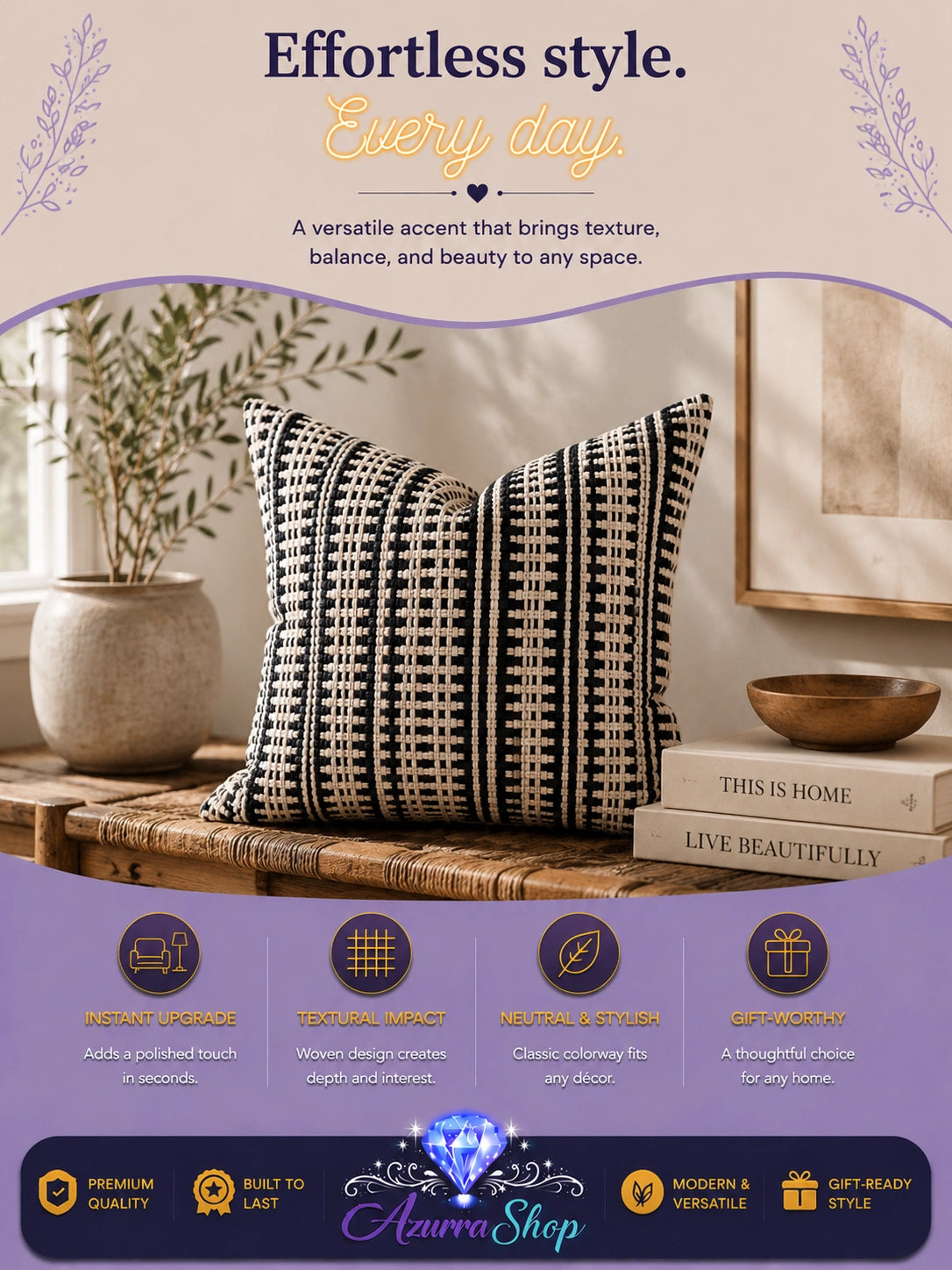 Two black and ivory striped basketweave throw pillows displayed on a wooden bench near a plant and framed art