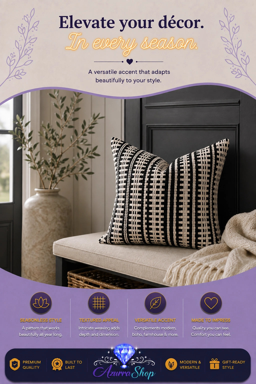 Black and ivory striped basketweave throw pillow displayed on a bench in front of a dark cabinet