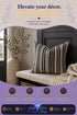 Black and ivory striped basketweave throw pillow displayed on a bench in front of a dark cabinet