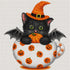 Close up of the finished black cat diamond painting wearing a witch hat and bat wings inside a jack o lantern teacup | Azurra Shop
