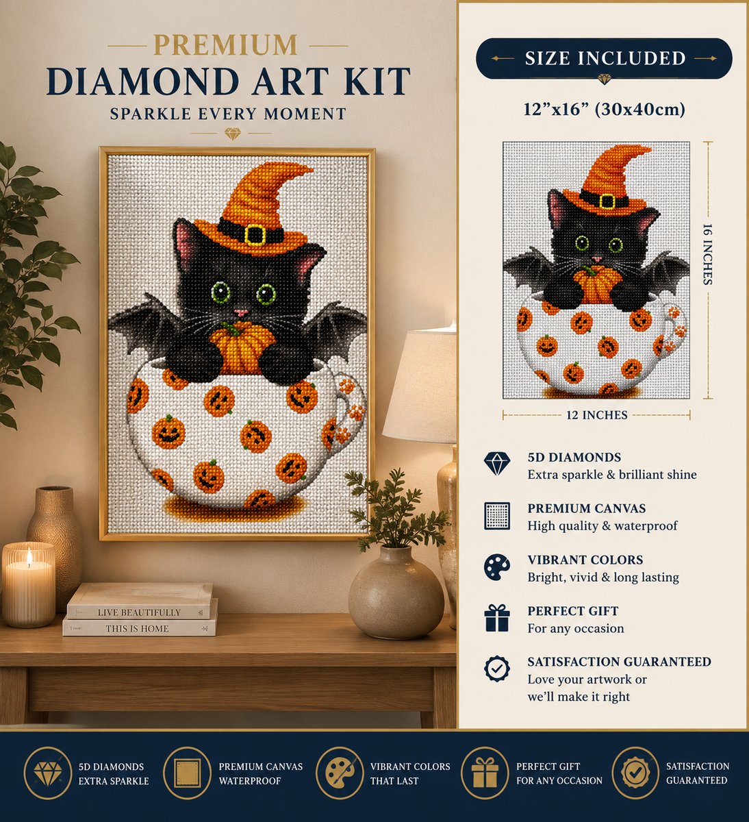 Framed witch cat diamond painting displayed on a living room console table | Azurra Shop