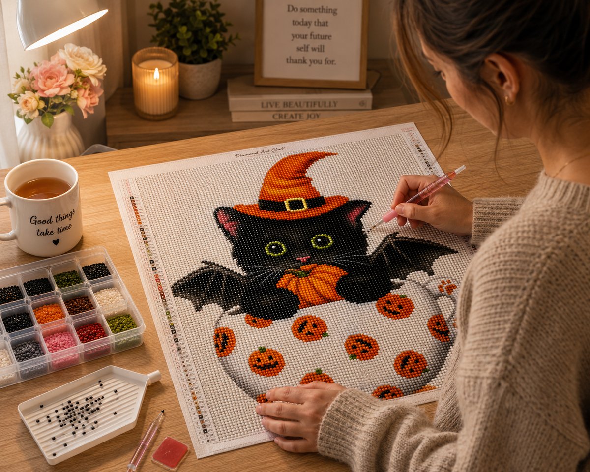 Working on the witch cat kit at a desk with flowers, a candle, and a mug of tea | Azurra Shop
