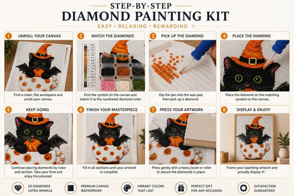 Eight step guide showing how to complete the witch cat diamond painting | Azurra Shop