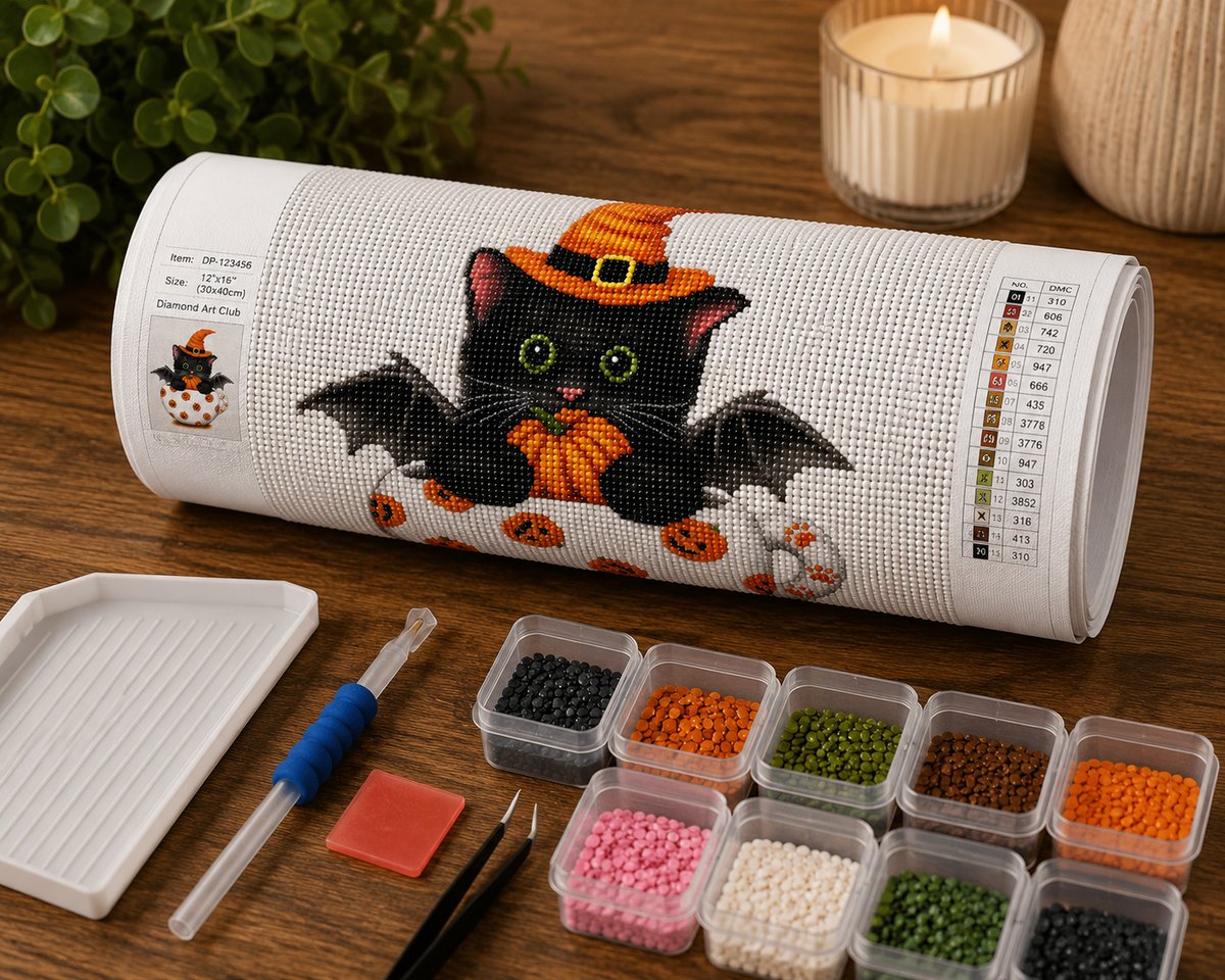 Rolled canvas and full supplies for the witch cat kit, including diamond trays, applicator pen, and tweezers | Azurra Shop