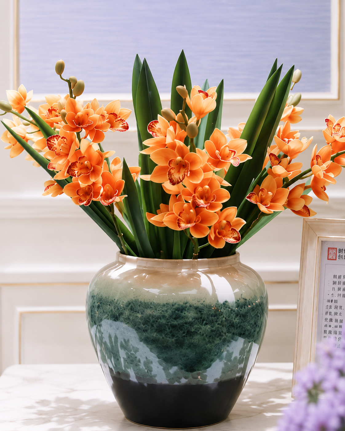 Close-up of orange Cymbidium orchid blooms and green film leaves in glazed teal ceramic vase — Azurra Shop
