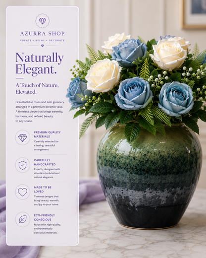 Close-up of dusty blue and cream Korean roses with fern fronds in glazed green ceramic vase — Azurra Shop
