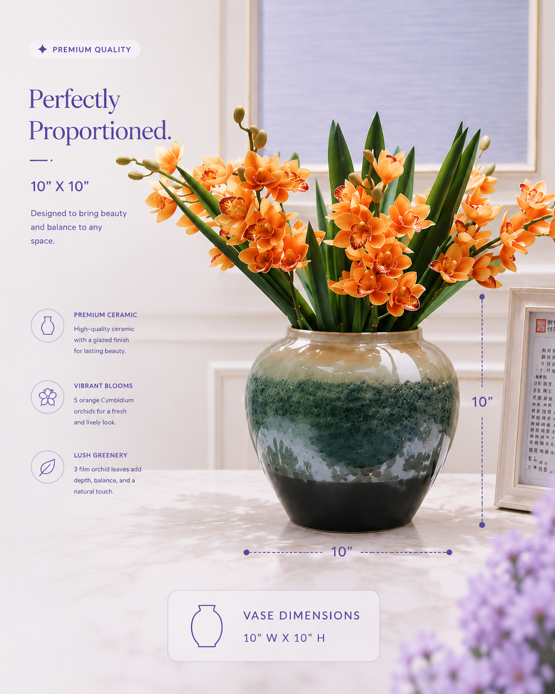 Orange orchid ceramic vase dimensions 10" x 10" with product highlights — Azurra Shop
