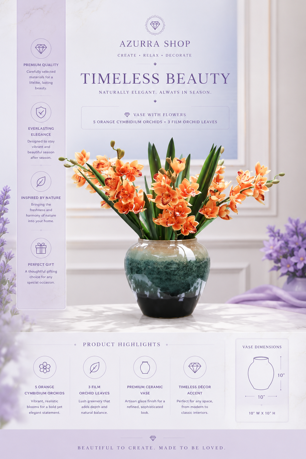 Orange Cymbidium orchid arrangement with film leaves in azure ceramic vase — Azurra Shop
