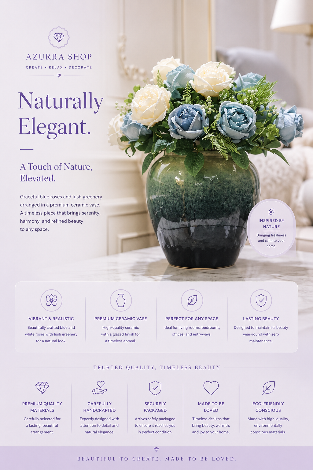 Blue and white Korean rose arrangement with ferns and berries in azure ceramic vase — Azurra Shop
