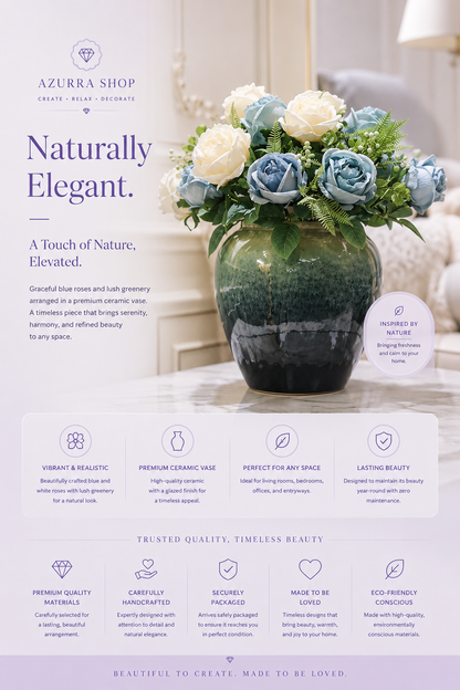 Blue and white Korean rose arrangement with ferns and berries in azure ceramic vase — Azurra Shop
