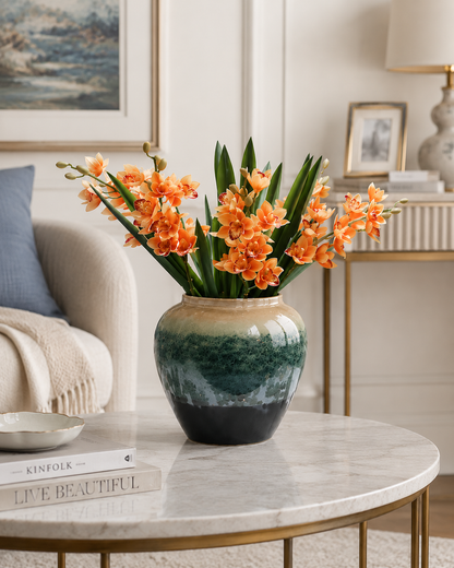Orange orchid ceramic vase styled on marble coffee table in elegant living room — Azurra Shop
