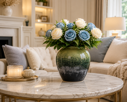 Blue and white rose ceramic vase styled on marble coffee table in elegant living room — Azurra Shop
