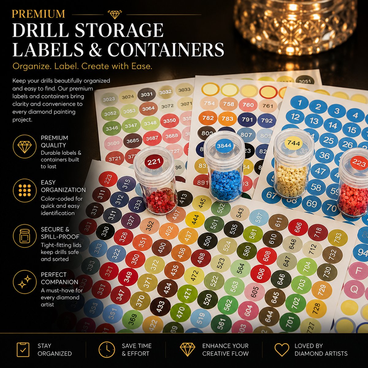 Sheets of DMC color code labels next to filled diamond storage containers