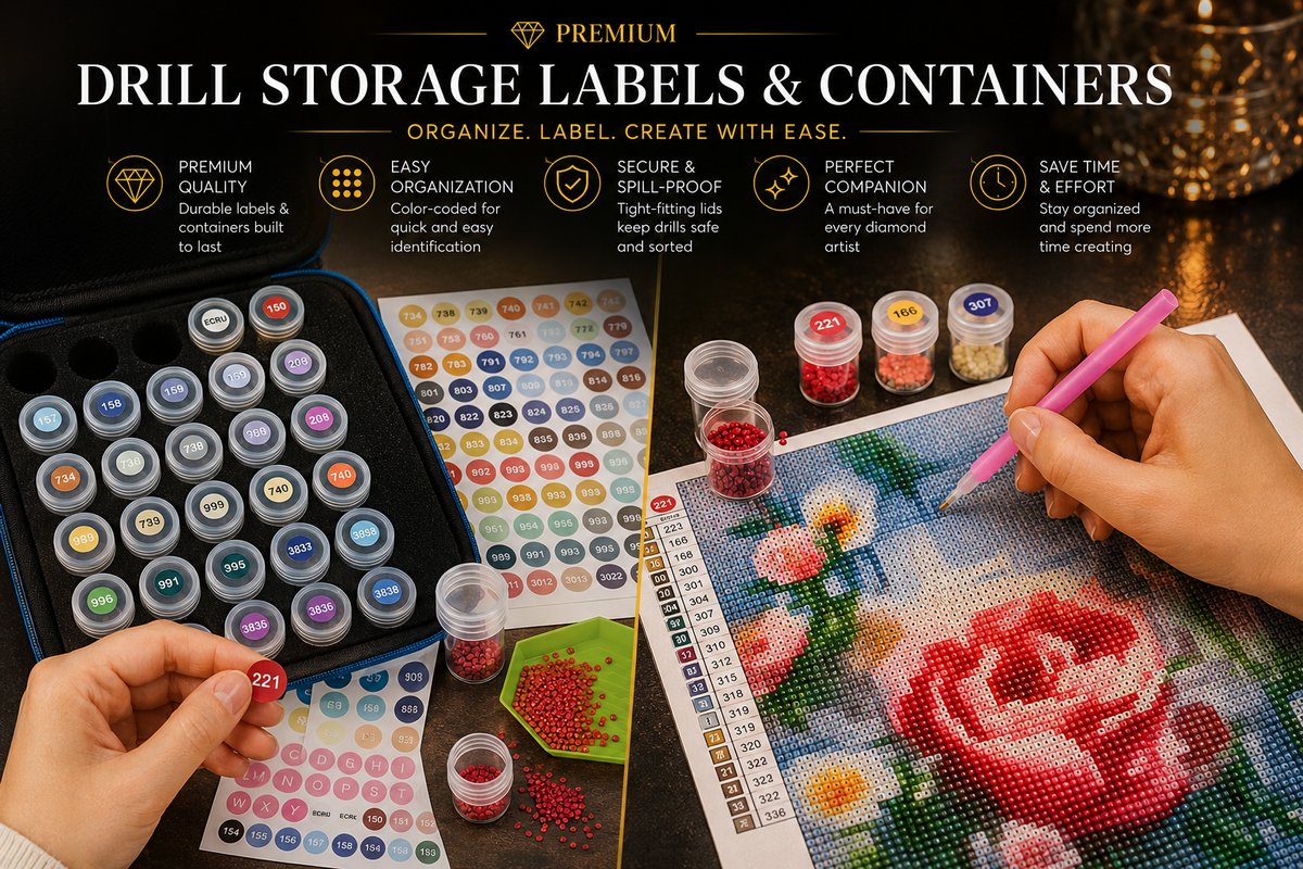 Labeled storage containers and label sheets next to a rose diamond painting in progress