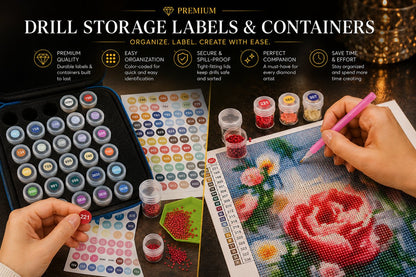 Labeled storage containers and label sheets next to a rose diamond painting in progress