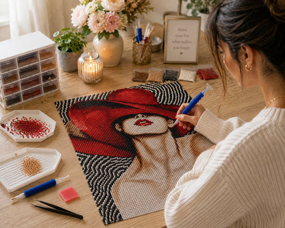 Working on the lady in red hat kit at a desk with fresh flowers, a candle, and rows of diamond trays | Azurra Shop