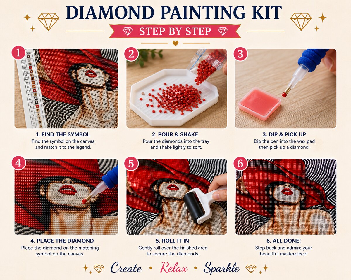 Six step guide showing how to complete the lady in red hat diamond painting | Azurra Shop
