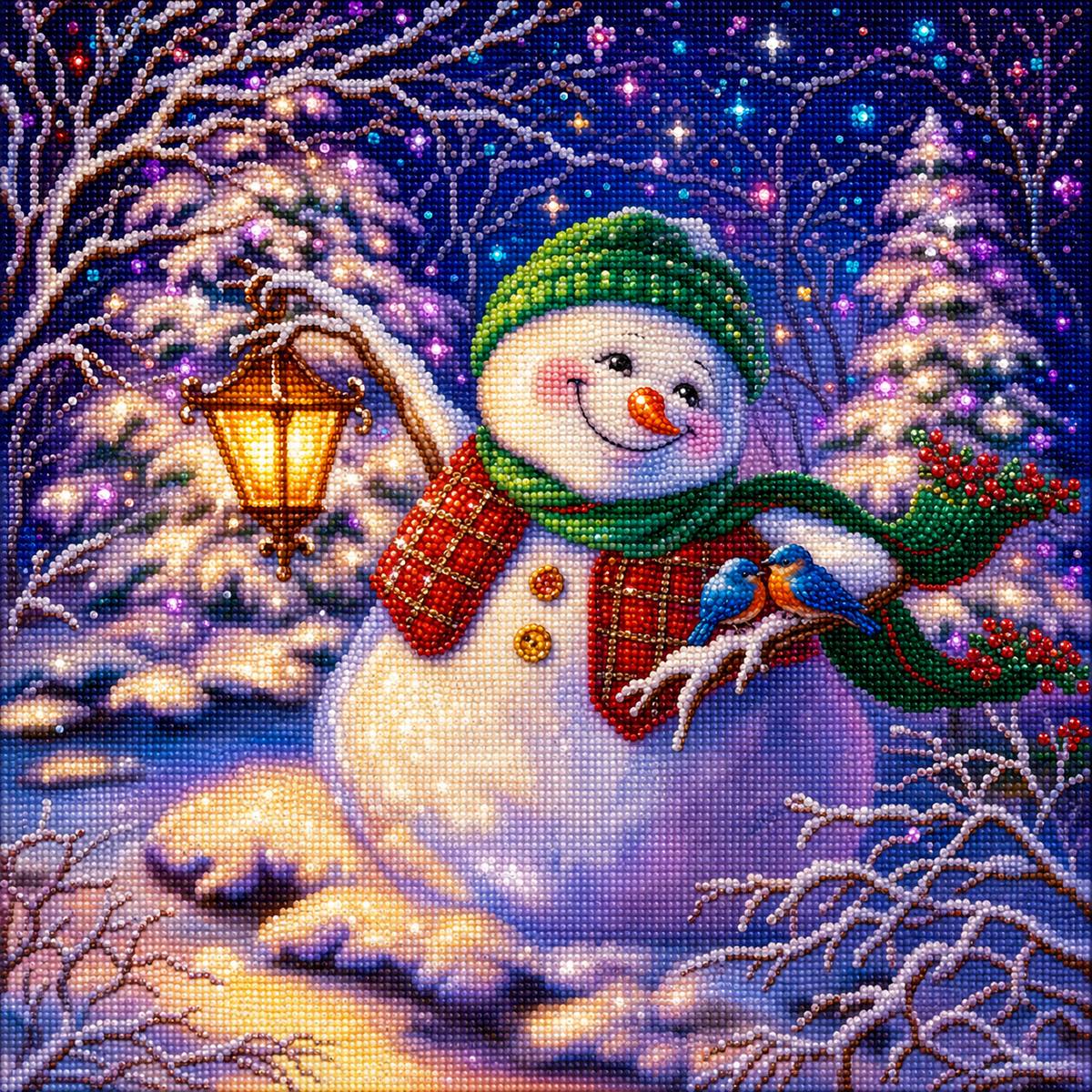 Close up of the finished lantern snowman diamond painting with two bluebirds resting on his scarf | Azurra Shop
