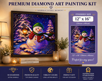 Framed lantern snowman diamond painting displayed on a living room console table | Azurra Shop