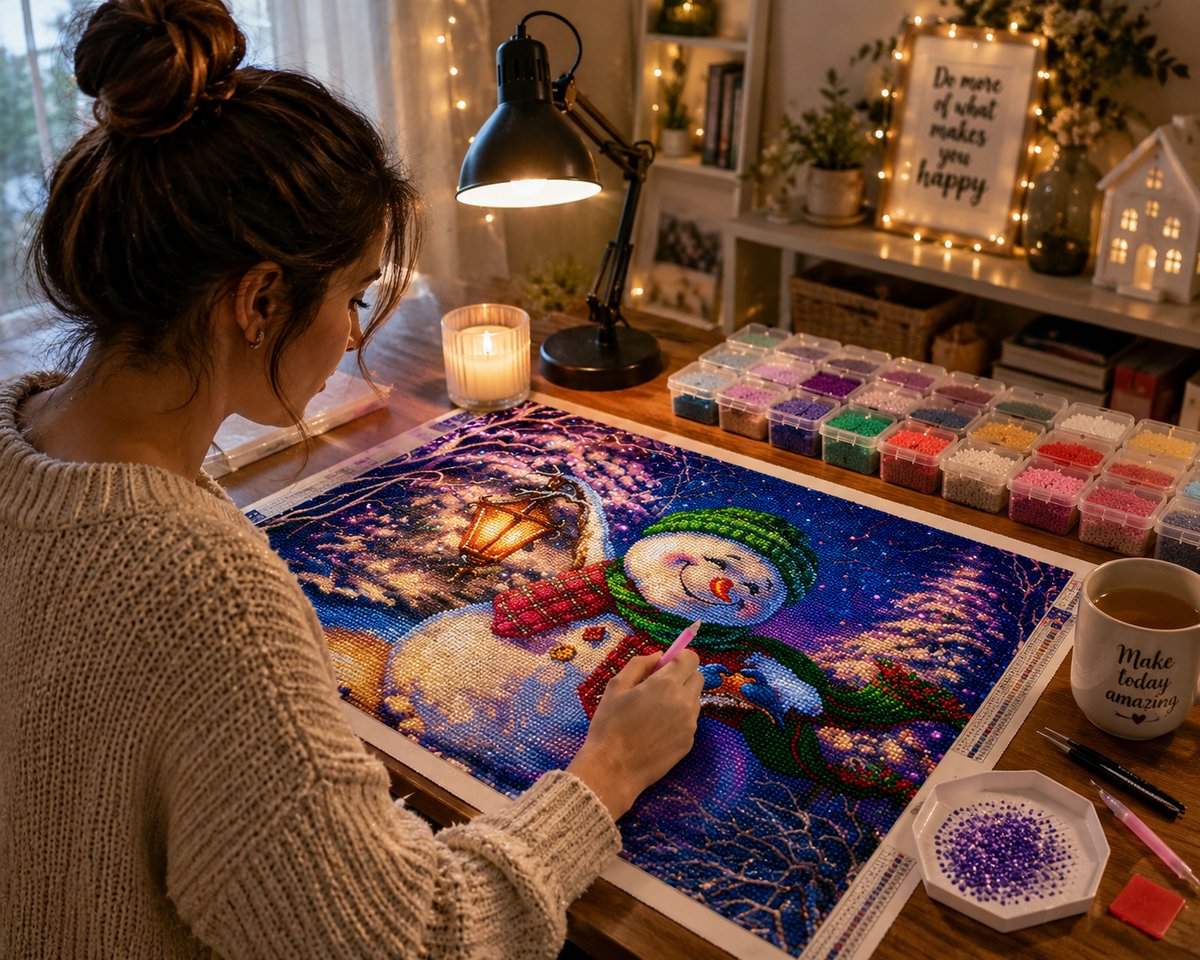 Working on the lantern snowman kit at a desk with a lamp, candle, and rows of diamond trays | Azurra Shop