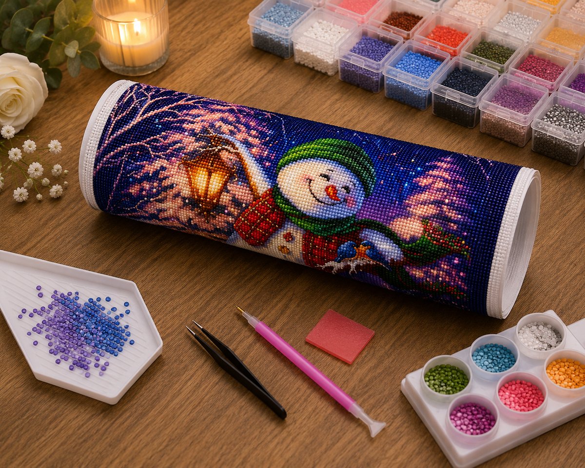 Rolled canvas and full supplies for the lantern snowman kit, including diamond trays, applicator pen, and tweezers | Azurra Shop
