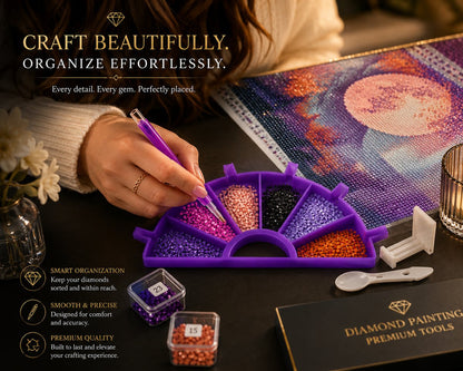 Woman placing diamonds from the purple organizer tray onto a canvas