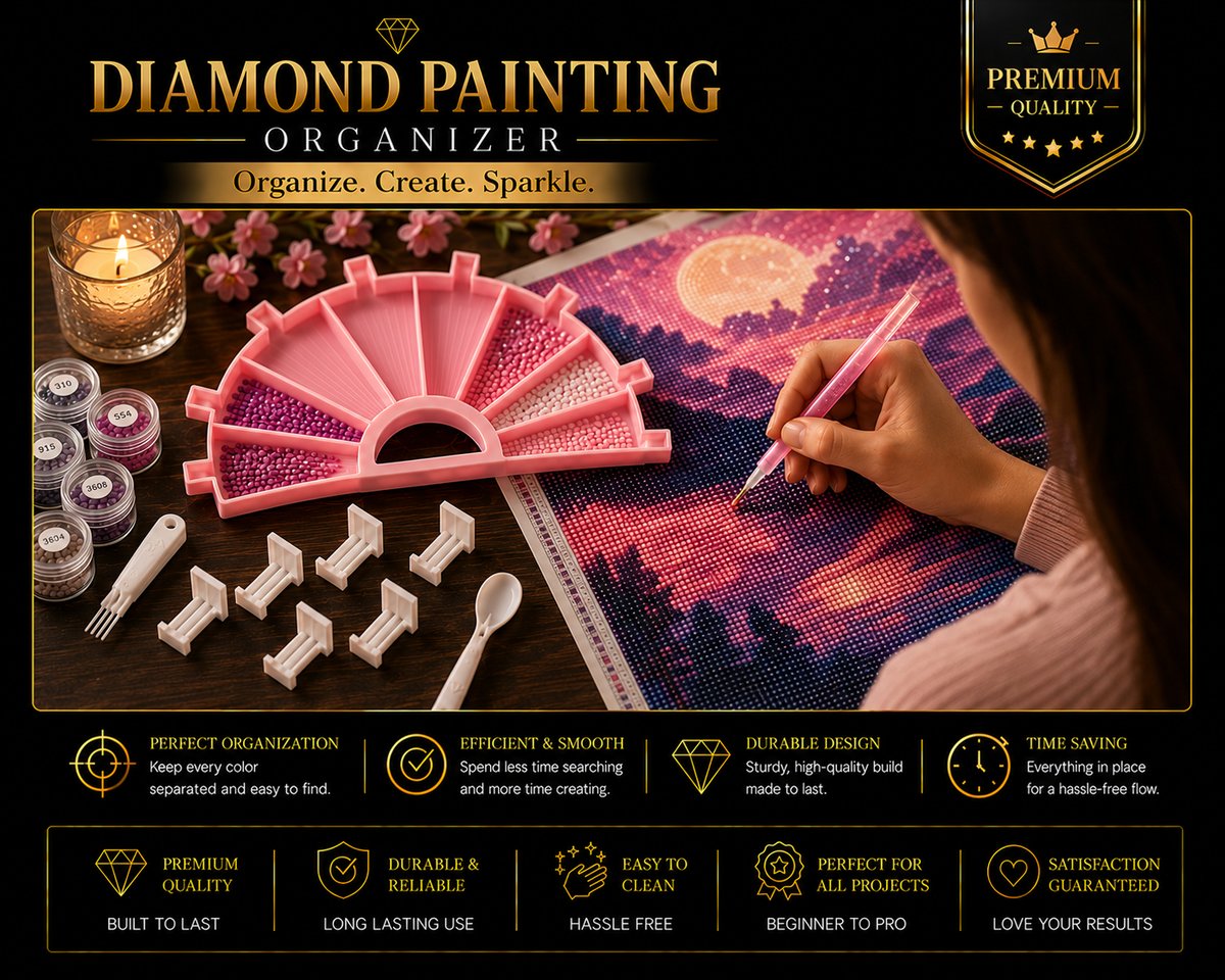 Woman sorting diamonds in the pink organizer tray while working on a sunset diamond painting