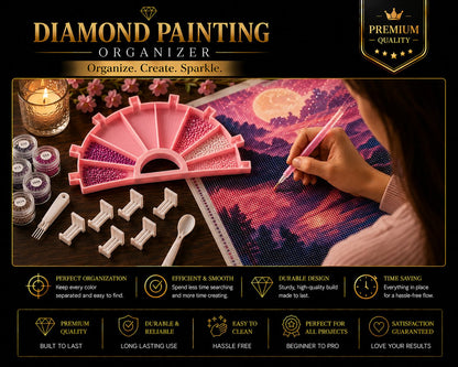 Woman sorting diamonds in the pink organizer tray while working on a sunset diamond painting