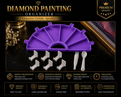 Purple diamond painting organizer tray with pens and spoon tool