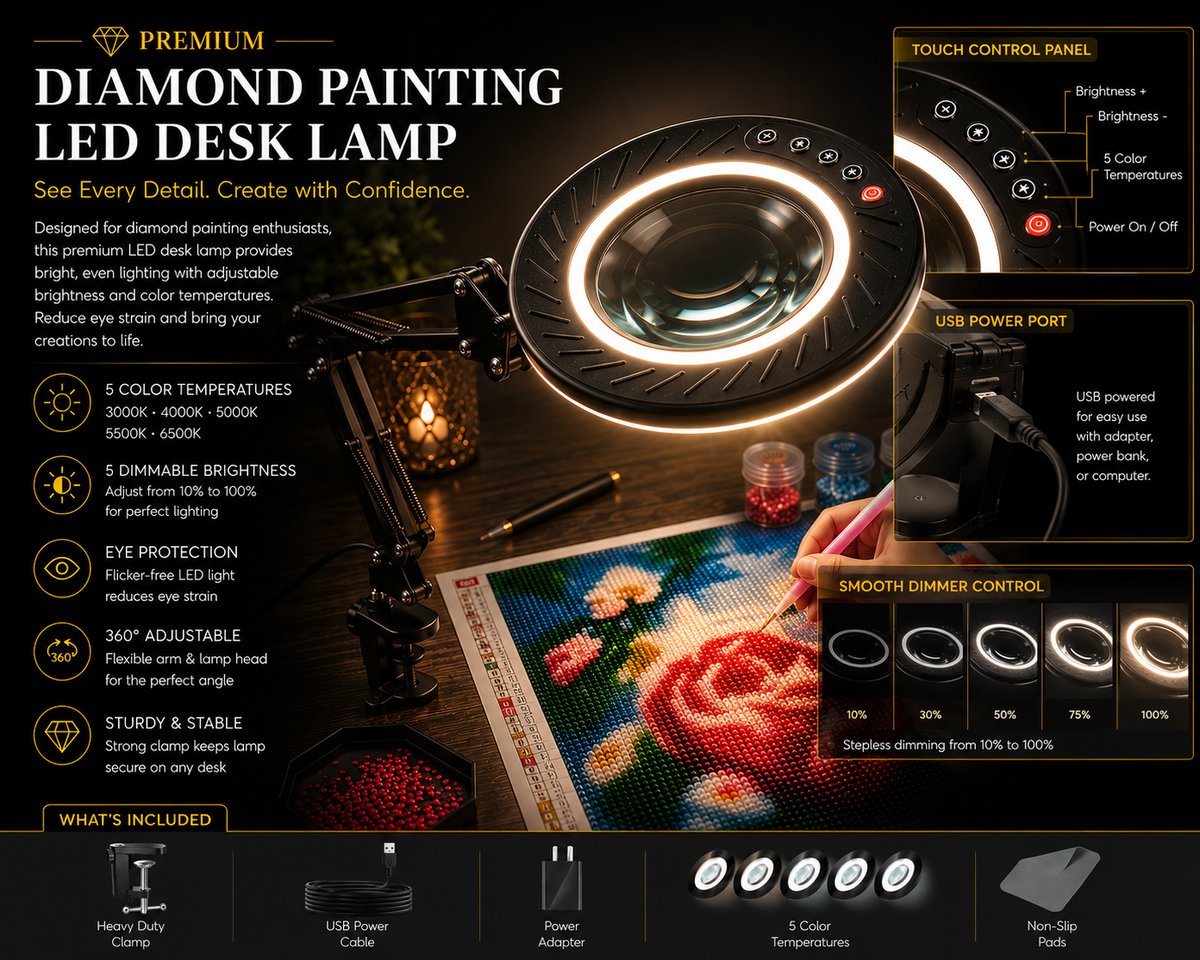 LED desk lamp touch control panel, USB port, and dimmer settings