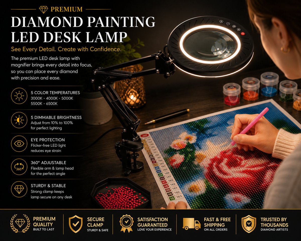 Woman placing diamonds under the LED desk lamp&