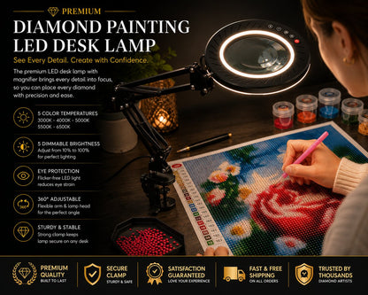 Woman placing diamonds under the LED desk lamp&