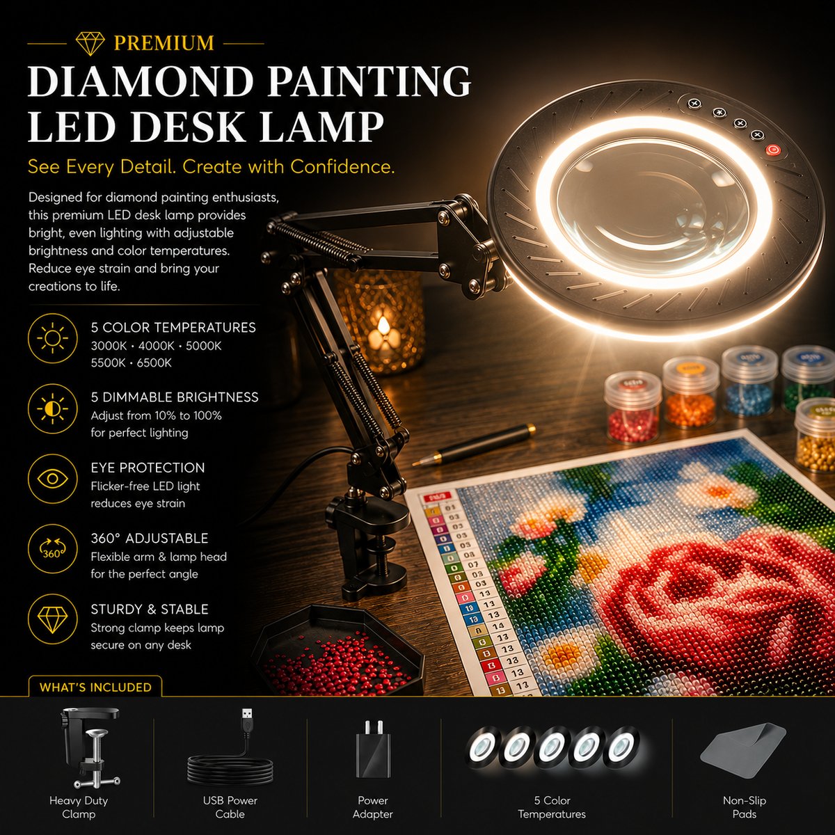 LED desk lamp lit and angled over a rose diamond painting with sorted diamond containers nearby