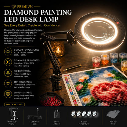 LED desk lamp lit and angled over a rose diamond painting with sorted diamond containers nearby
