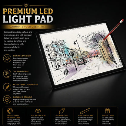 A3 LED light pad glowing under a city street sketch with a pencil resting on top