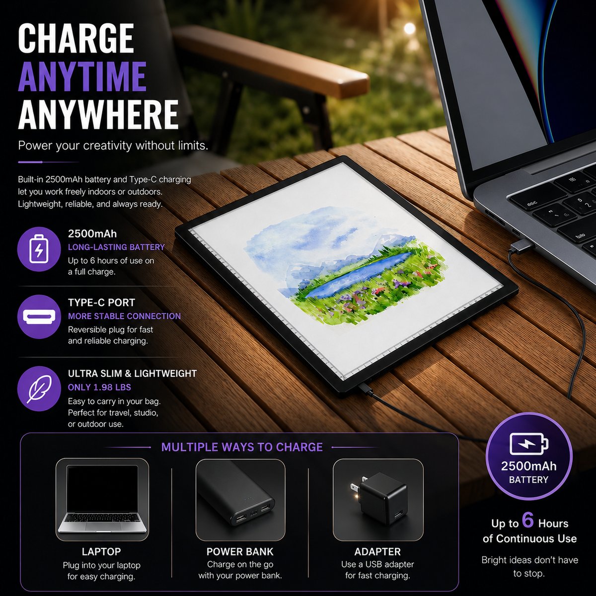 A3 LED light pad charging from a laptop with a landscape sketch on screen