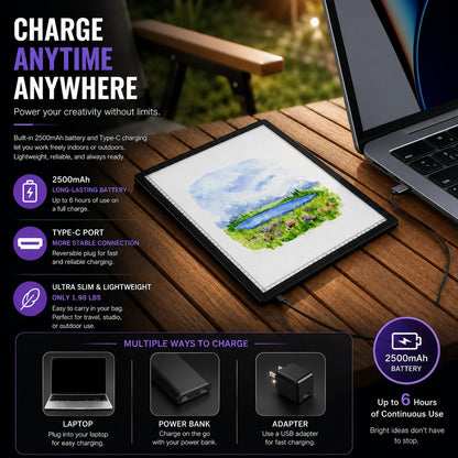 A3 LED light pad charging from a laptop with a landscape sketch on screen