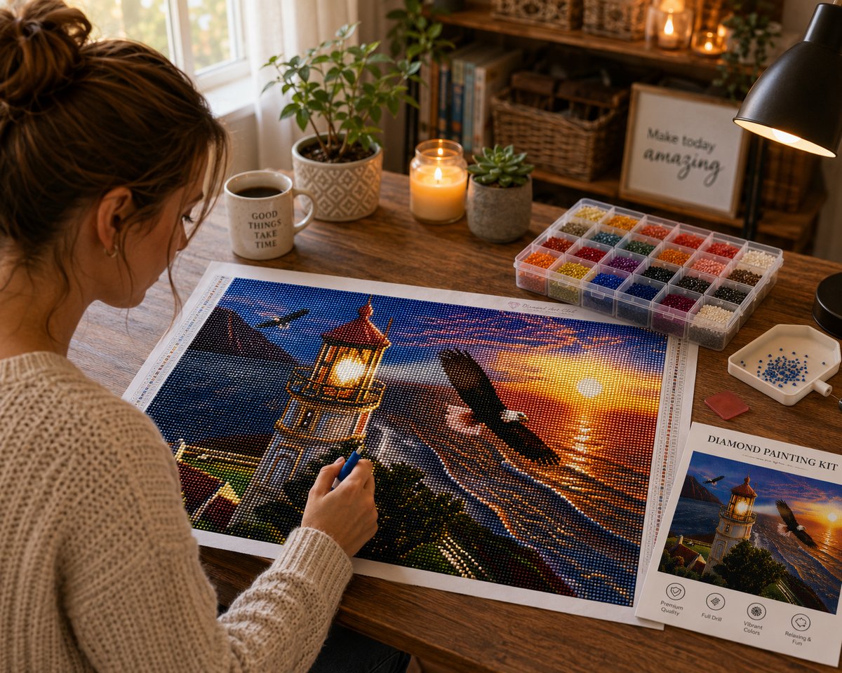 Woman working on the bald eagle and coastal lighthouse diamond painting kit at a warm wooden desk with a drill organizer, candle, and mug | Azurra Shop