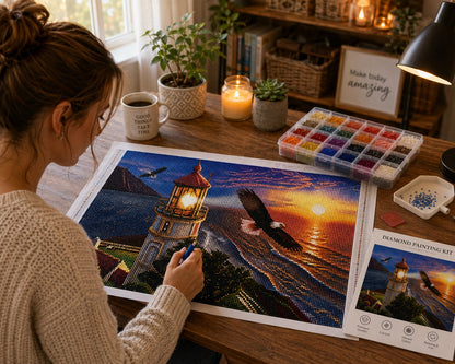 Woman working on the bald eagle and coastal lighthouse diamond painting kit at a warm wooden desk with a drill organizer, candle, and mug | Azurra Shop