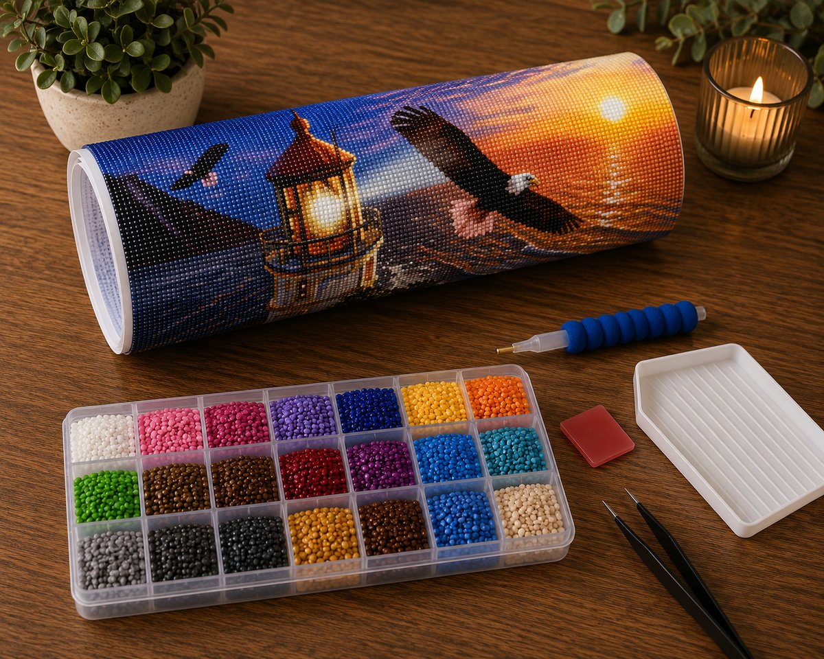 Rolled canvas and supplies for the bald eagle and coastal lighthouse kit, including drill organizer, applicator pen, tweezers, and wax pad | Azurra Shop