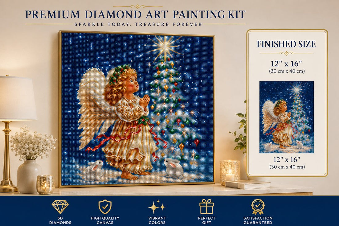 Praying angel child diamond painting framed on a wall, shown with the size chart