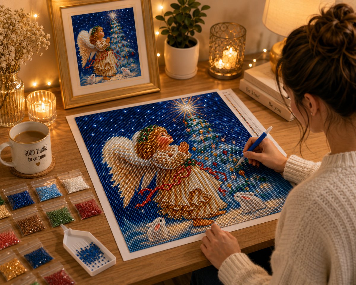 Working on the praying angel child kit at a cozy desk with warm lighting