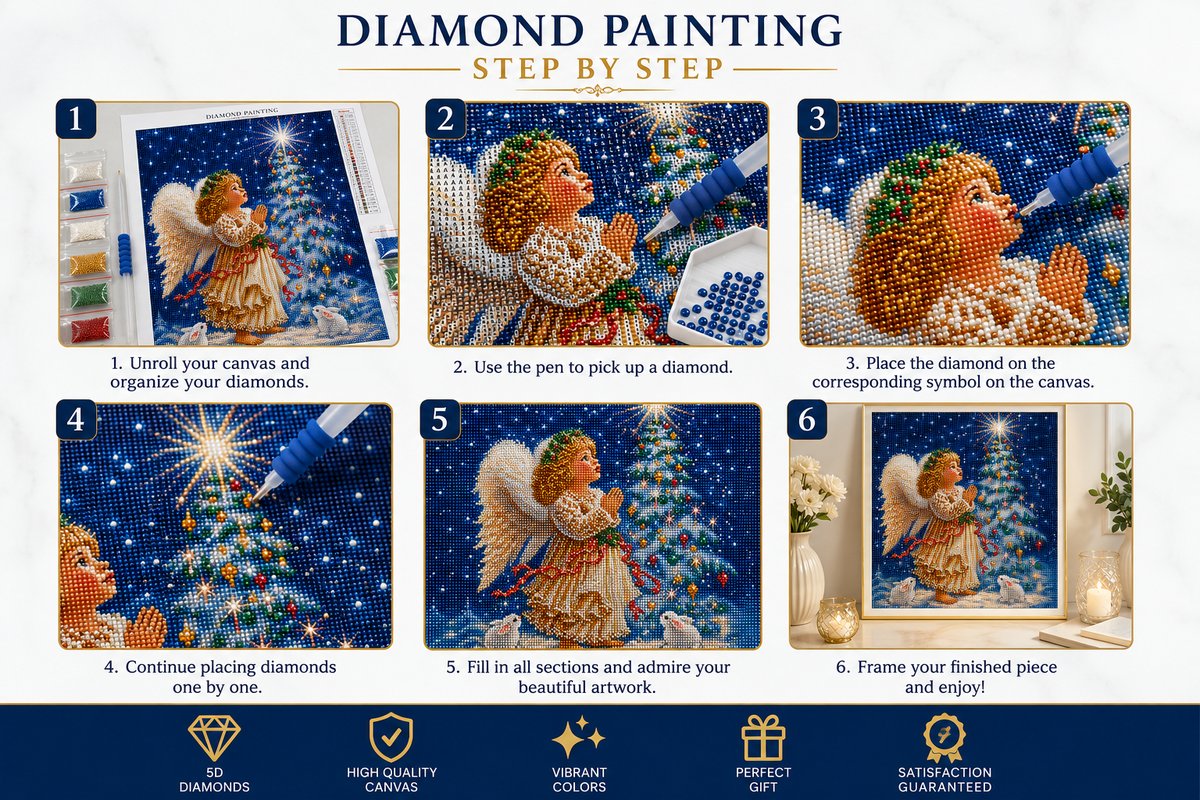Step by step guide showing how to complete the praying angel child diamond painting